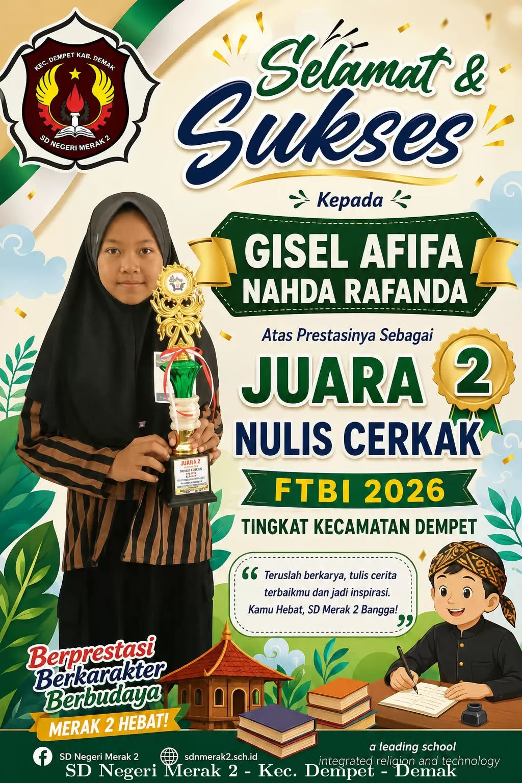 Lestarikan Bahasa Jawa, Gisel Afifa Nahda Rafanda Sabet Juara 2 Lomba FTBI Cabang Cerkak Tingkat Kec