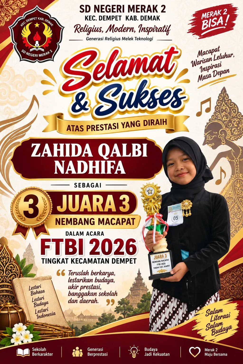 Lantunkan Tembang, Lestarikan Budaya: Zahida Qalbi Nadhifa Raih Juara 3 FTBI 2026